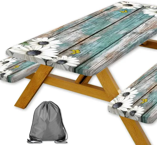 Vista 62 de Funda para Mesa de Picnic con Fundas para Bancos y Bolsa, Campista de Madera Impermeable Resistente al Viento, Cubierta de Mantel Ajustada con Borde