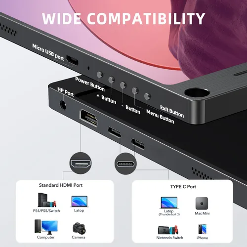 Vista 3 de UPERFECT Monitor portátil, 15.6 pulgadas IPS HDR 1920 x 1080 FHD pantalla de viaje para el cuidado de los ojos, monitor de juegos USB C, monitor