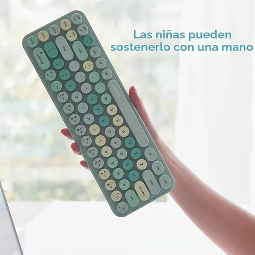 Vista 5 de Combo compacto de teclado y mouse inalámbricos, teclas redondas coloridas, 68 teclas sin sonido, adecuado para niñas y niños, compatible con Azul