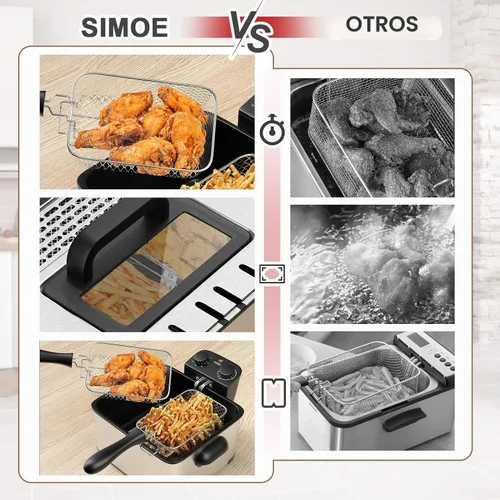 Vista 7 de Freidoras profundas con 3 cestas – Simoe - Freidora eléctrica grande de 5.3 cuartos de galón / 21 tazas, freidora de aceite profundo de acero