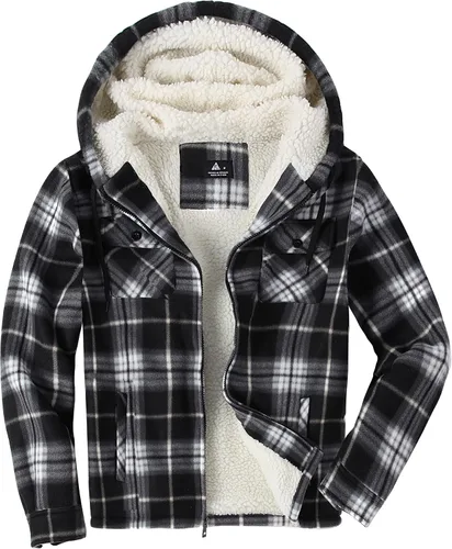 Vista 6 de V VALANCH Chaqueta de franela para hombre con capucha, manga larga, abrigo a cuadros con cremallera, sudadera gruesa con 4 bolsillos