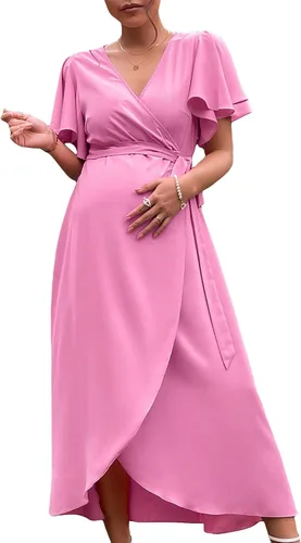 Vista 5 de Verdusa Vestido largo cruzado de maternidad para mujer, manga de mariposa, acampanado, con cinturón