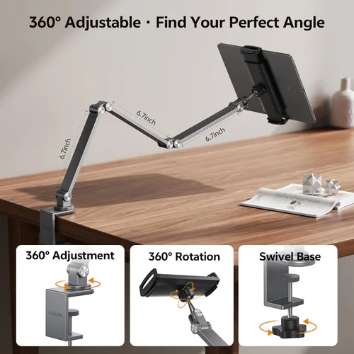 Vista 10 de LULULOOK Soporte para tablet iPad para escritorio, aluminio resistente giratorio de 360° y soporte plegable para Kindle para cama, soporte para iPad