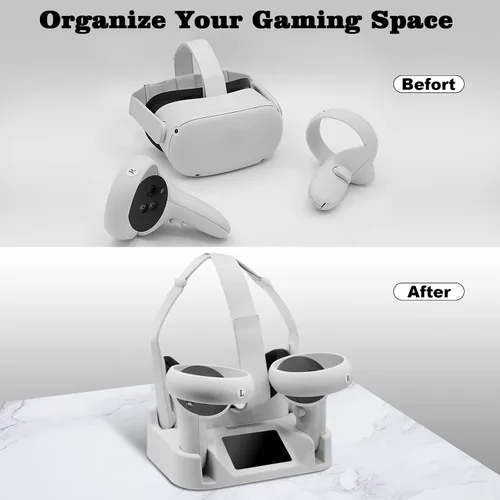 Vista 6 de Estación de carga VR para Oculus Quest 2, juego de soporte de carga con 2 baterías recargables (compatible con correa élite), auriculares de carga