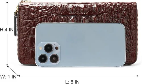 Vista 7 de NIUCUNZH Carteras de cocodrilo para mujer, cartera de cuero con pulsera, diseño elegante, gran capacidad, bloqueo RFID, Marrón
