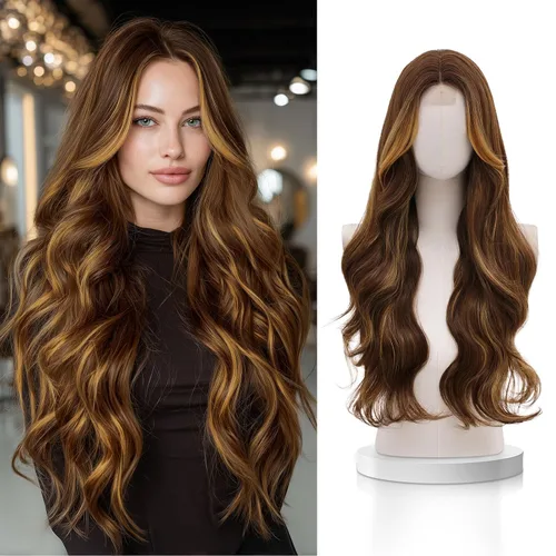 Vista 13 de VERNA - Peluca rubia con flequillo, peluca sintética de aspecto natural, rizada, ondulada de 26 pulgadas, resistente al calor, estilo de parte media