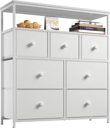Vista 8 de Cómoda para dormitorio con 7 cajones y 2 estantes abiertos, soporte de TV para dormitorio, cómoda blanca para pasillo, entrada, dormitorio