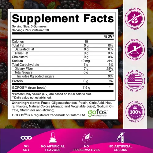Vista 2 de Vitamatic Gomitas de fibra prebiótica para adultos – 7g de fibra por porción – 60 gomitas a base de pectina de fuerza extra, sin azúcar añadida