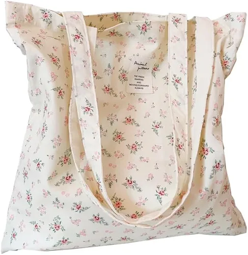 Vista 43 de Floral Canvas Tote Bag Double-Sided Printed Cloth Cotton Tote Floral Shoulder Bags for Beach Travel Shopping Grocery