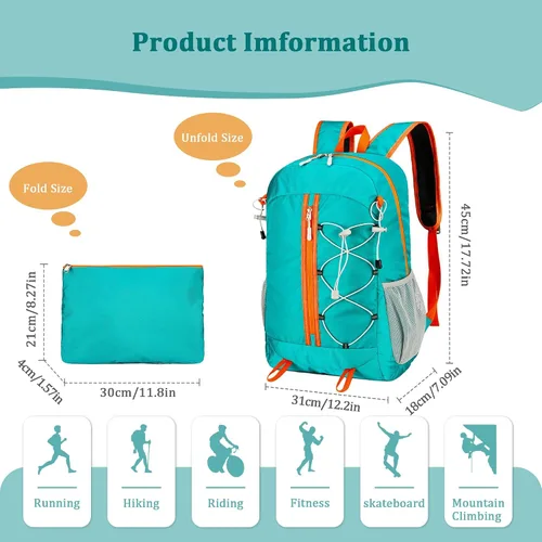 Vista 2 de Mochila plegable ultraligera resistente al agua para viajes, campamento al aire libre, 25L, 5