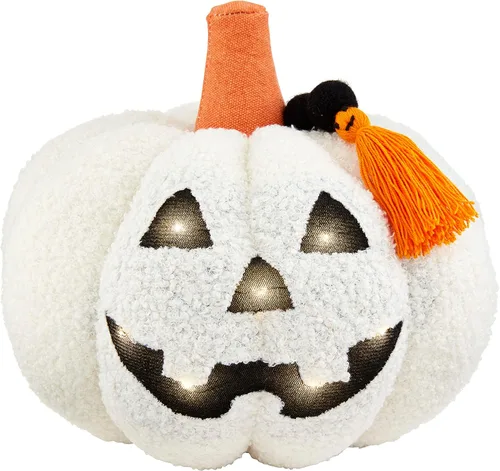 Vista 3 de Mud Pie Light Up Sherpa Jack-o-Lantern Almohada naranja, 8" x 9
