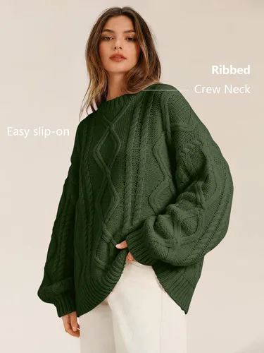 Vista 4 de Trendy Queen Suéteres de punto trenzado de gran tamaño para mujer, trajes Verde militar