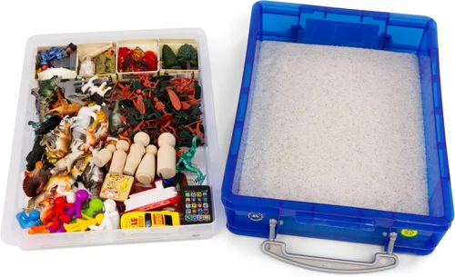 Vista 2 de Play Therapy Kit de bandeja de arena básico portátil para principiantes con bandeja, arena, y miniaturas