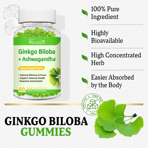 Vista 6 de Ginkgo Biloba - Gomitas de 240 mg con Panax Ginseng para un mejor estado de ánimo y concentración, mejora la salud cerebral, 60 gomitas veganas