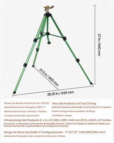 Vista 7 de VEVOR Aspersor de impacto en base de trípode, rociadores de trípode resistentes con cabeza de latón y conector de 3/4 pulgadas, rociador de riego