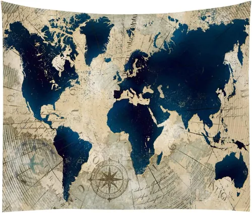 Vista 3 de YANR Tapiz vintage de mapa del mundo para colgar en la pared, póster de arte de pared de mapa del mundo, tapices de estilo nórdico antiguo, mapa