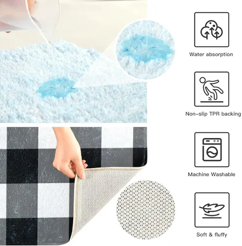Vista 5 de Alfombra de baño a cuadros blancos y negros, suave, absorbente, lavable, alfombra de baño para piso de baño, alfombra de baño antideslizante
