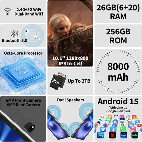 Vista 2 de [Usado] Tablet Android 15 con teclado, tableta de 10 pulgadas con 26GB+256GB+2TB Ampliar 2-in-1 Tablets with 8-Core, 5G WiFi, 8000mAh, BT5.0, GMS
