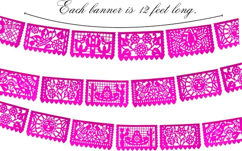 Vista 3 de Pancartas rosadas de Picado Picado, decoraciones de fiesta temática mexicana rosa, banderas mexicanas, decoraciones colgantes de fiesta de México