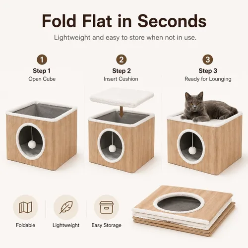 Vista 6 de Casa de condominio para gatos con cojines reversibles y bola esponjosa colgante, cubo plegable para gatos, cama cueva grande para gatitos