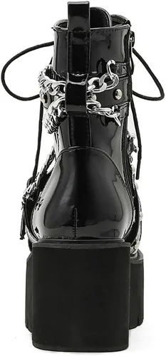 Vista 7 de Parisuit Botines góticos de charol para mujer, con plataforma, tacón alto grueso, con cordones, botas de combate punk, botas cortas