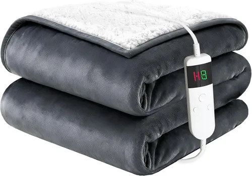 Vista 18 de Manta eléctrica térmica individual, franela suave de 62 x 84 pulgadas, con 8 horas de apagado automático, 10 niveles de calentamiento rápido