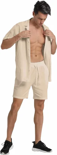 Vista 18 de RPOVIG Conjunto corto de camisa de lino: conjunto casual de 2 piezas con botones para hombre