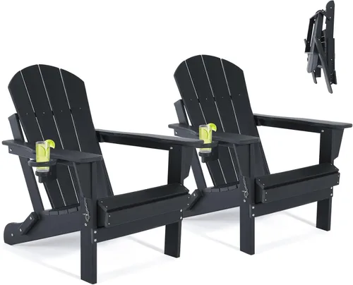 Vista 15 de Sillas Adirondack plegables – Silla Adirondack de plástico con soporte para tazas, sillas para exteriores resistentes a la intemperie para Negro
