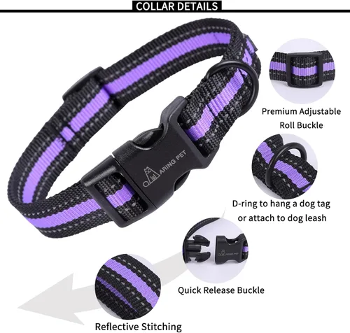 Vista 2 de ARING PET Collar reflectante para perro, collar de perro morado suave para perros medianos, collares de perro de nailon ligero con hebilla