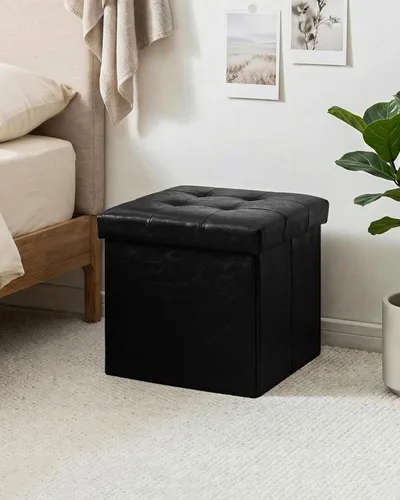 Vista 8 de B FSOBEIIALEO Cubo pequeño otomano de almacenamiento, reposapiés, asiento de piel sintética para dormitorio, color negro, 12.6 x 12.6 x 12.6