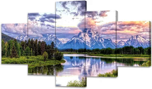 Vista 11 de SKASNFAI 5 piezas de paisaje del parque nacional Grand Teton, arte de pared, pinturas en lienzo de montaña, paisajes naturales, cuadros enmarcados