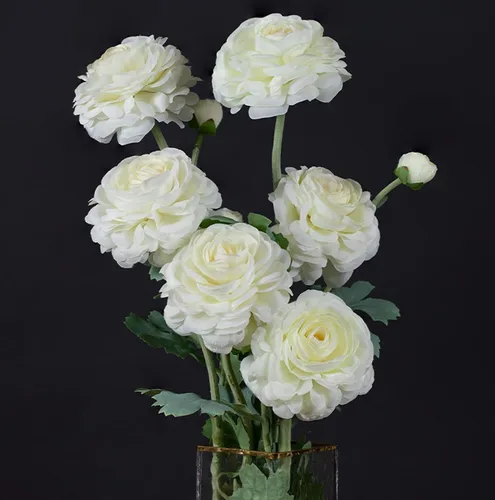 Vista 10 de Flores artificiales de seda, ranúnculo, flores falsas, 5 unidades, adecuadas para decoración de núcleos, creación floral de boda, arreglo floral Azul