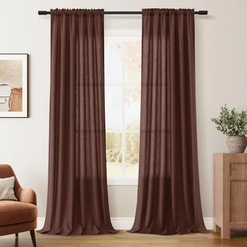 Vista 113 de Cortinas de lino verde aguamarina de 84 pulgadas de largo, juego de 2 paneles semitransparentes con bolsillo para barra para comedor, decoración