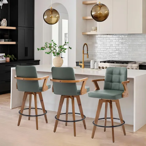 Vista 11 de MEKLIBA Taburetes de bar de 26” de altura de mostrador, Silla de bar tapizada en cuero, Taburetes giratorios con respaldo y brazos, Juego moderno