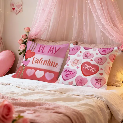 Vista 6 de Juego de 4 fundas de almohada decorativas para el día de San Valentín de 18 x 18 pulgadas, color rosa y rojo con texto en inglés "Hello Love Be My