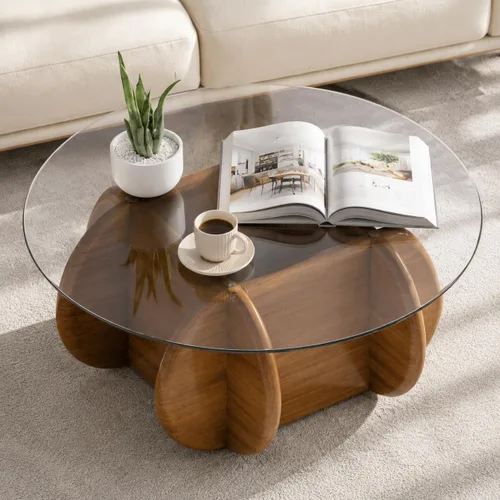 Vista 7 de Mesa de Centro con Tapa de Vidrio Negro, Mesa de Centro Redonda Moderna y Elegante con Patas de Madera Maciza y Superficie de Vidrio Templado