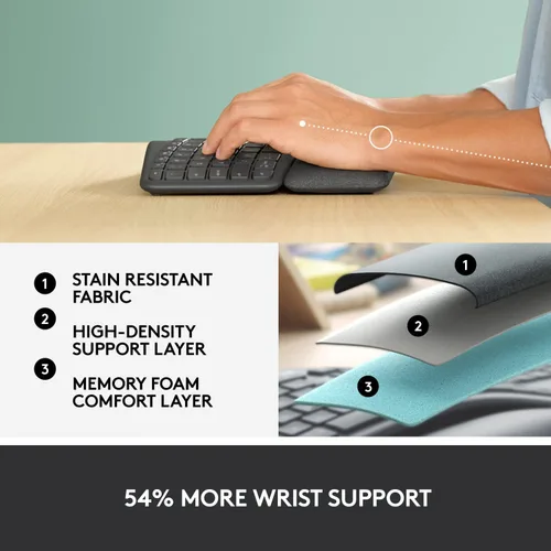 Vista 4 de Logitech Ergo K860 - Teclado ergonómico inalámbrico con reposamuñecas, diseño de teclado dividido para Windows/Mac, Bluetooth o conectividad USB