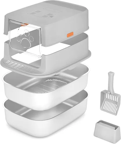Vista 9 de Caja de arena tamizadora de acero inoxidable con tapa, bandeja de arena de metal con pala para gatos grandes y múltiples gatos, caja de arena
