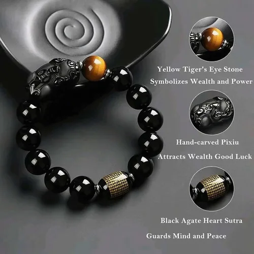 Vista 15 de Pulsera de obsidiana negra, pulsera de obsidiana negra Feng Shui para mujeres y hombres, pulsera elástica de obsidiana con piedra de ojo de tigre
