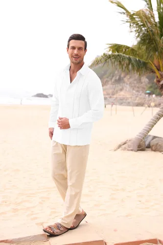 Vista 6 de Pengfei Camisas casuales de lino de algodón para hombre, estilo guayabera, con botones, manga larga, para la playa