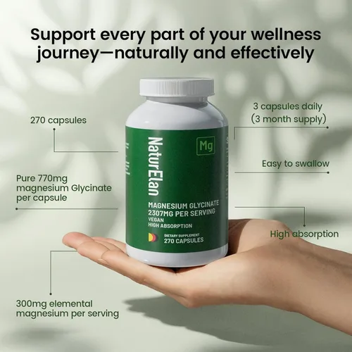 Vista 5 de Glicinato de magnesio 2307 mg, 270 cápsulas, suplementos de magnesio puro para aliviar el estrés, dormir, músculo, nervio, corazón y apoyo