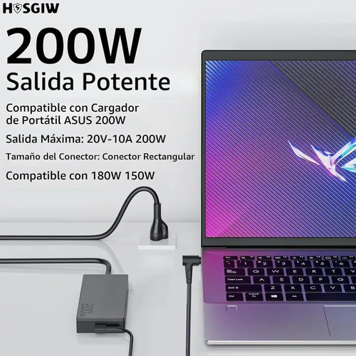 Vista 6 de Cargador de portátil para juegos de 200 W para ASUS ROG TUF Zephyrus Carga rápida Potencia estable Control de temperatura inteligente 20 V 10