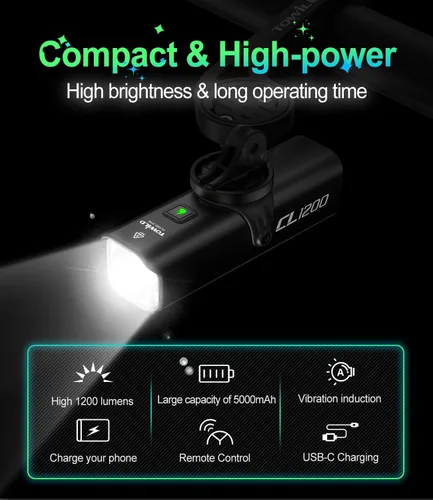 Vista 5 de TOWILD CL1200 Bike Lights for Night Riding,Compatible with Garmin/GoPro Mount,1200 Lumen Bike Headlight,5000mAh Rechargeable Battery,Waterproof Bike