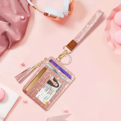 Vista 7 de Cartera delgada RFID para tarjetas de crédito pequeña y bonita cartera para mujeres con bolsillo con cremallera y llavero, Escarcha Oro rosa, Piel