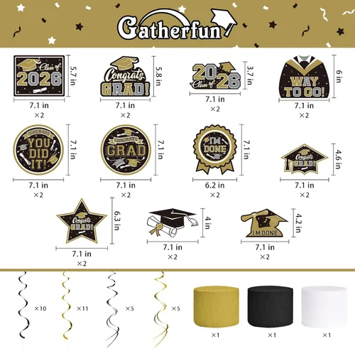 Vista 3 de Juego de decoraciones de graduación 2026 con temática negra y dorada, pancarta de felicitaciones, telón de fondo, globos y serpentinas, suministros