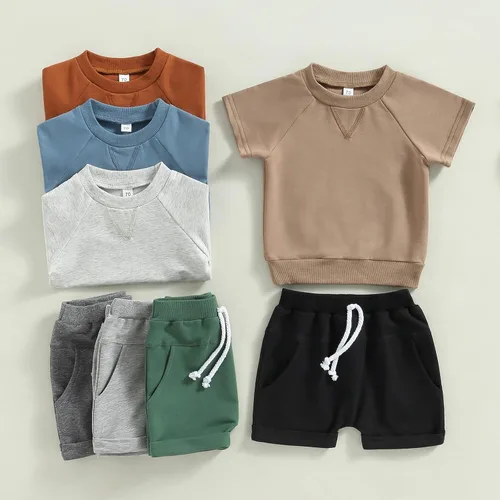 Vista 2 de Conjunto de traje de verano para bebé niño pequeño, manga corta, cuello redondo, letras impresas, lindo traje de verano, conjunto de 2 piezas