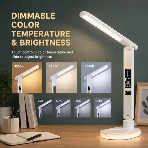 Vista 4 de Lámpara de escritorio LED con carga inalámbrica QI de 10 W, lámpara de mesa Flexo con 3 colores y 5 niveles de brillo con función de carga, USB