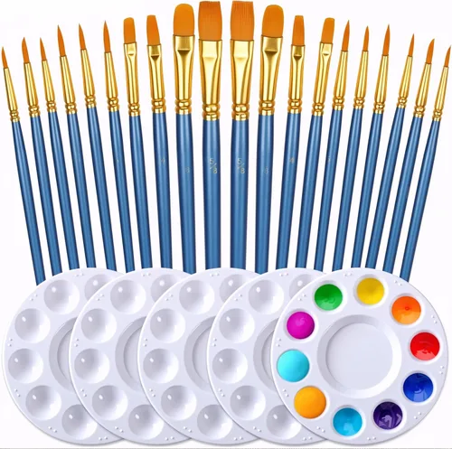 Vista 11 de Juego de pinceles y paletas de pintura de DUGATO, 2 paquetes/20 pinceles de punta redonda de pelo de nailon con 5 bandejas de pintura para pintura