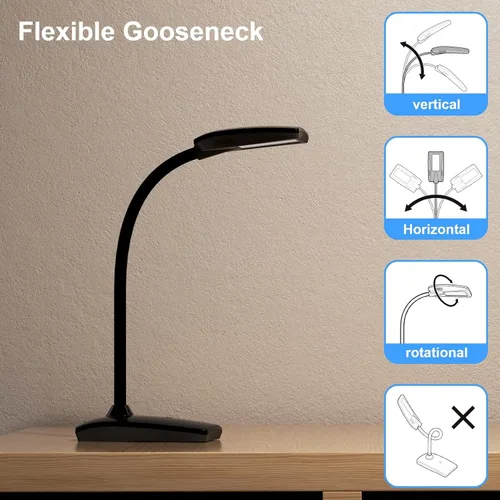 Vista 4 de Lámpara de escritorio LED de 3 brillos regulables para el cuidado de los ojos, lámpara de mesa negra, cuello de cisne flexible, luz de escritorio
