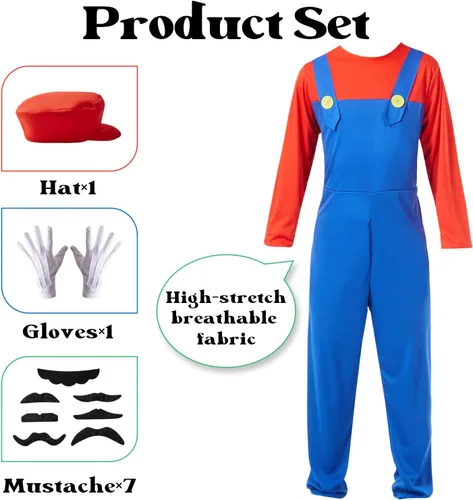 Vista 4 de Disfraz de Halloween para hombre adulto, traje de fontanero para cosplay con sombrero, guantes, bigote, accesorios